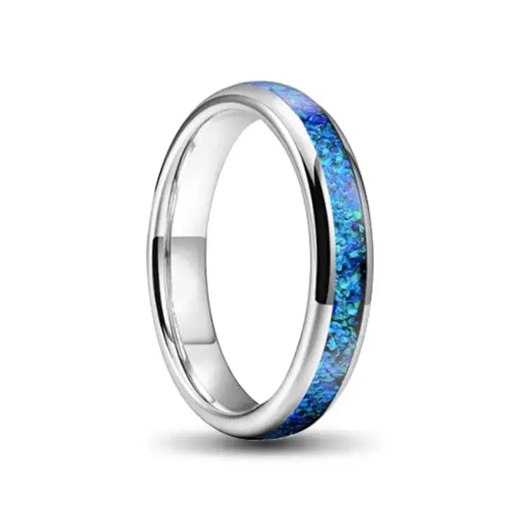 Silver and Blue Opal 4mm Ladies Tungsten Carbide Ring