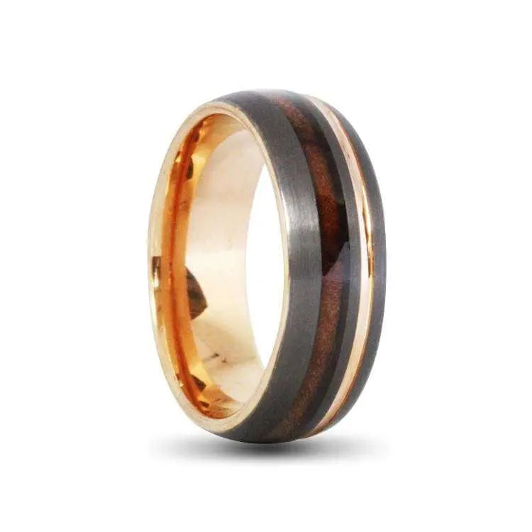 Black Tungsten Carbide Ring, Rose Gold Strip, Brushed