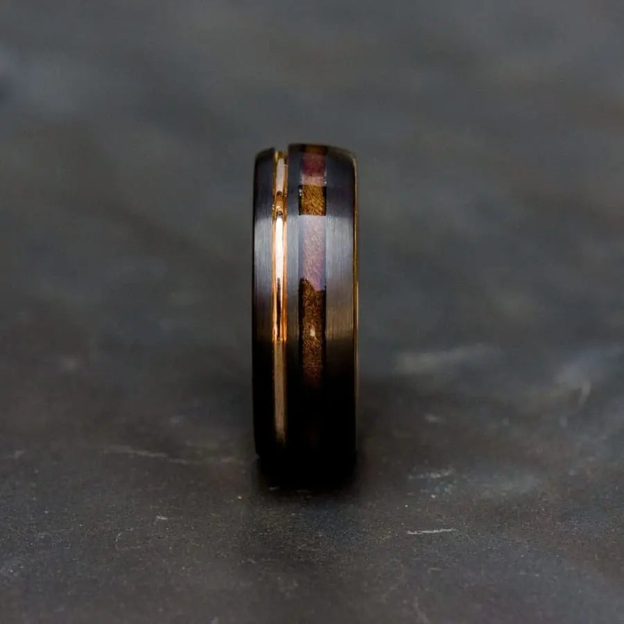Black Tungsten Carbide Ring with Wood and Rose Gold