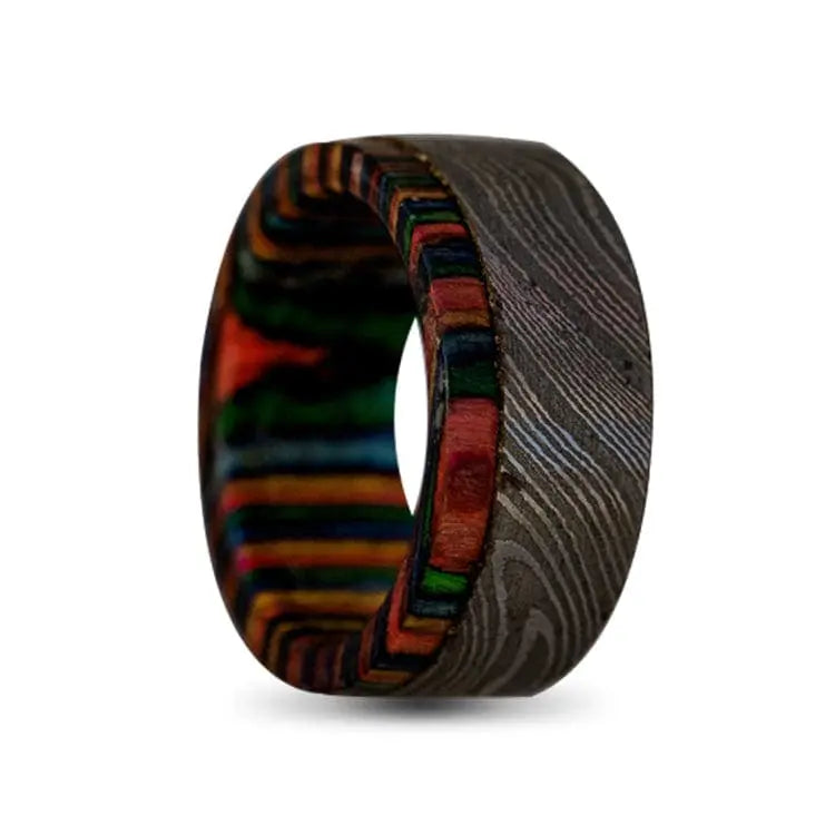Damascas Ring with colourful wood inner