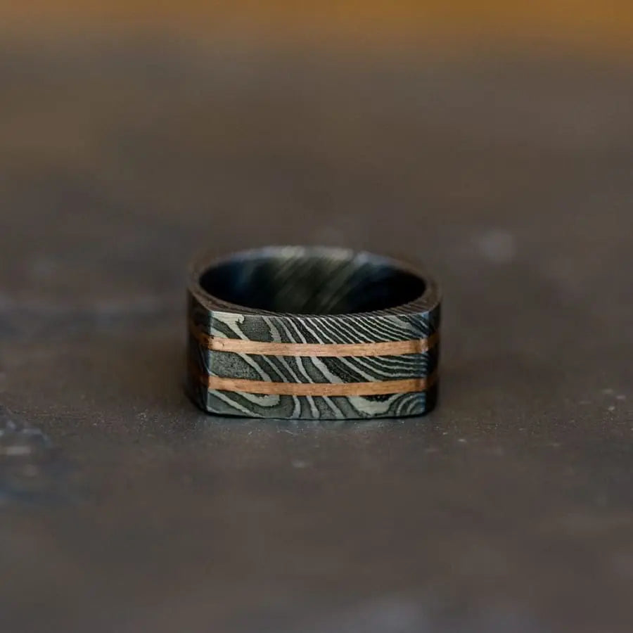 Square Damascus Steel Ring with Bronze Inlays