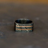 Thumbnail for Square Damascus Steel Ring with Bronze Inlays