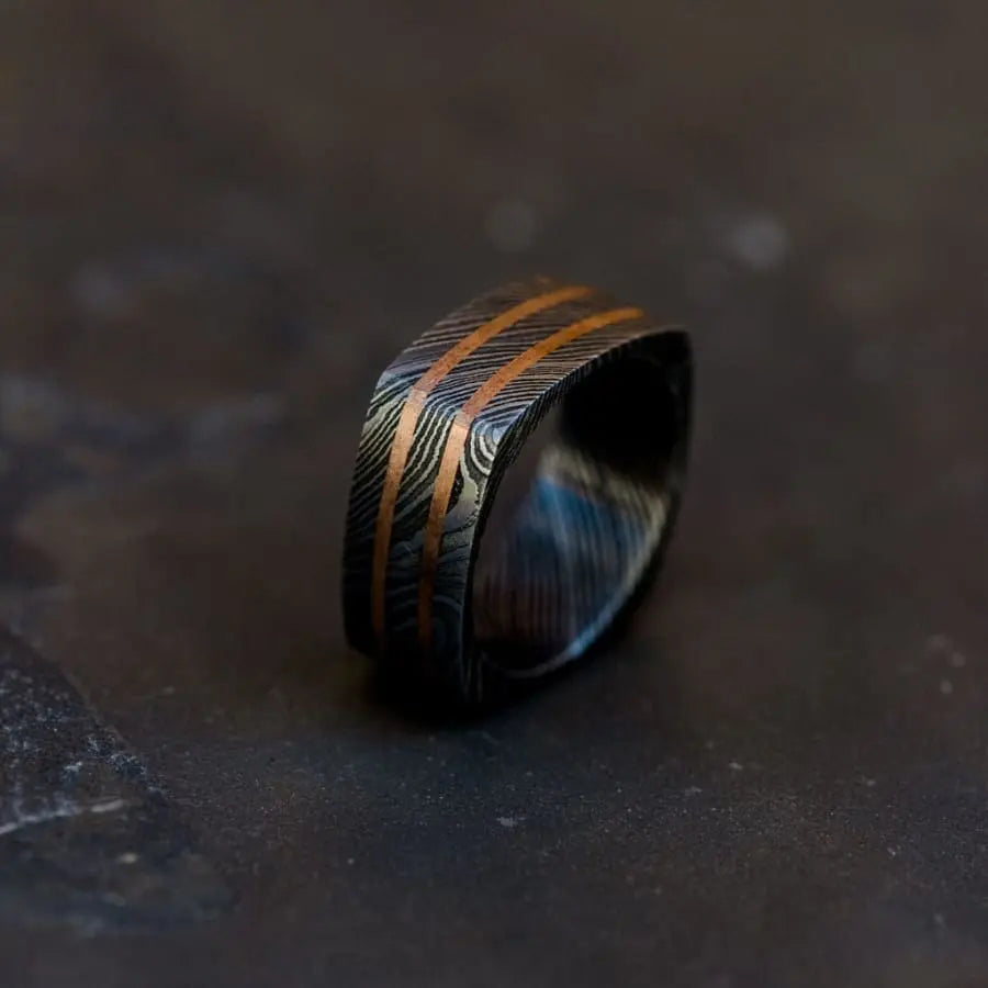 Square Damascus Steel Ring with Bronze Inlays