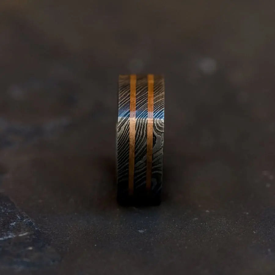 Square Damascus Steel Ring with Bronze Inlays
