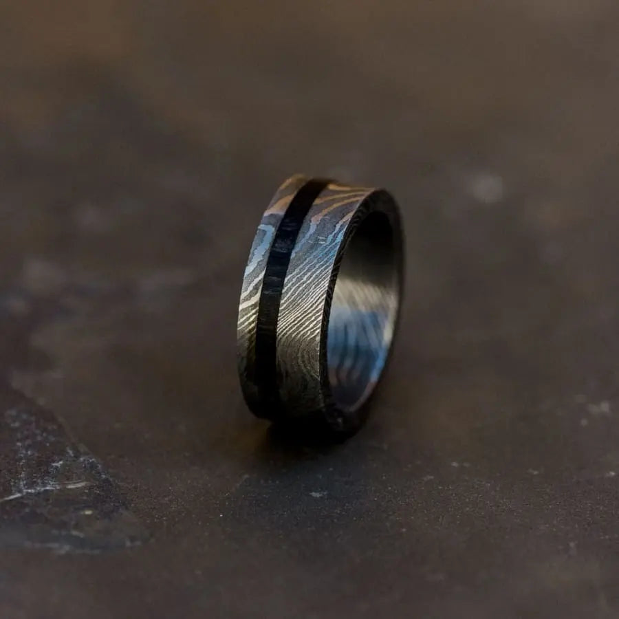 Damascus Steel Mens Ring with Black Wood Inlay
