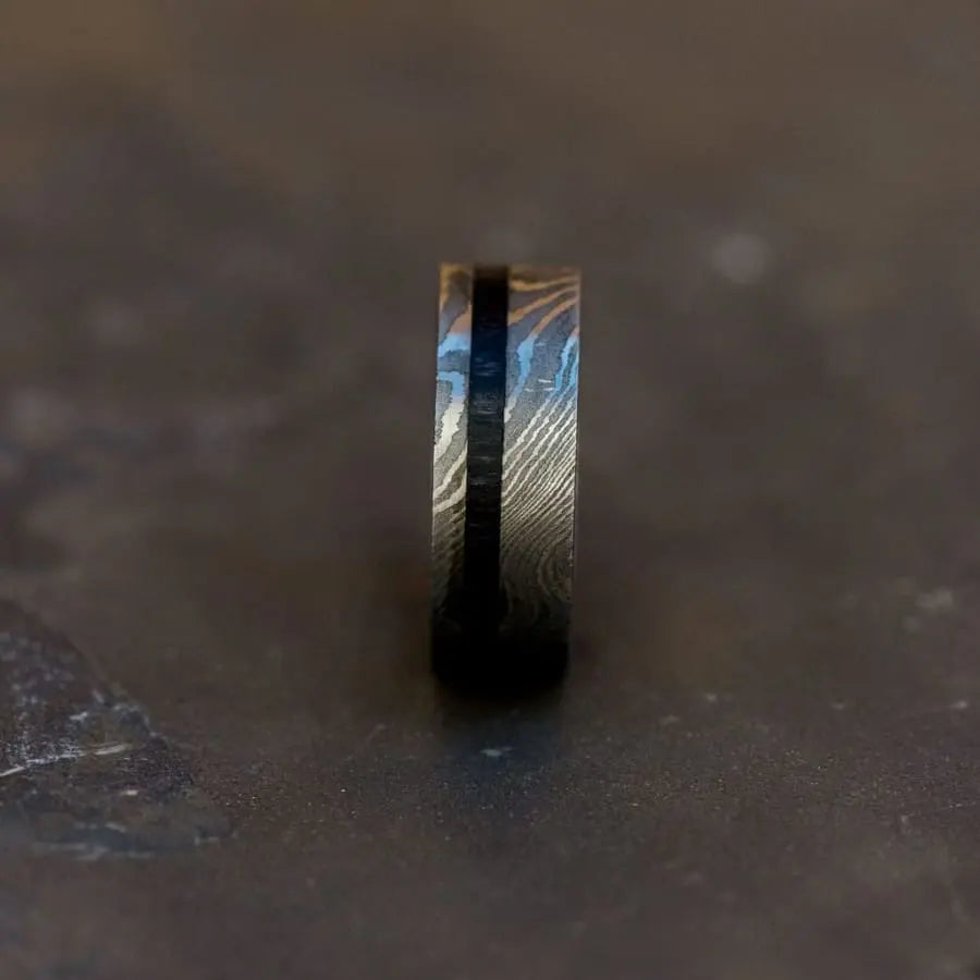 Damascus Steel Ring with Black Wood Inlay