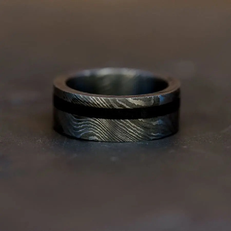 Damascus Steel Ring with Black Inlay