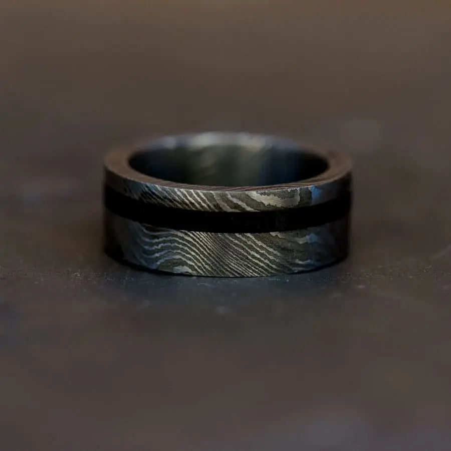 Damascus Steel Ring with Black Inlay
