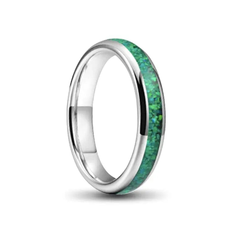 4mm Silver and Green Ladies Tungsten Carbide with Opal