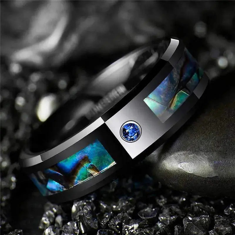 8mm Black Tungsten Wedding Ring with Natural Shell Inlay and Blue Zirconia Stone