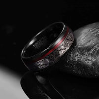 Thumbnail for 8mm Black Tungsten Wedding Ring with Spiral Pattern and Red Guitar String Inlay