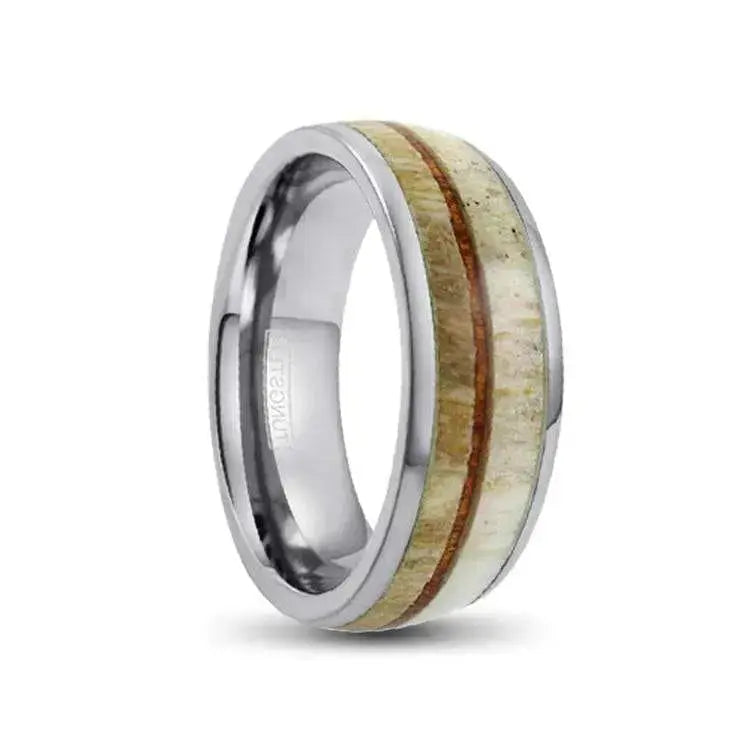 8mm Silver Tungsten Ring with Wood and Antler Inlays. 