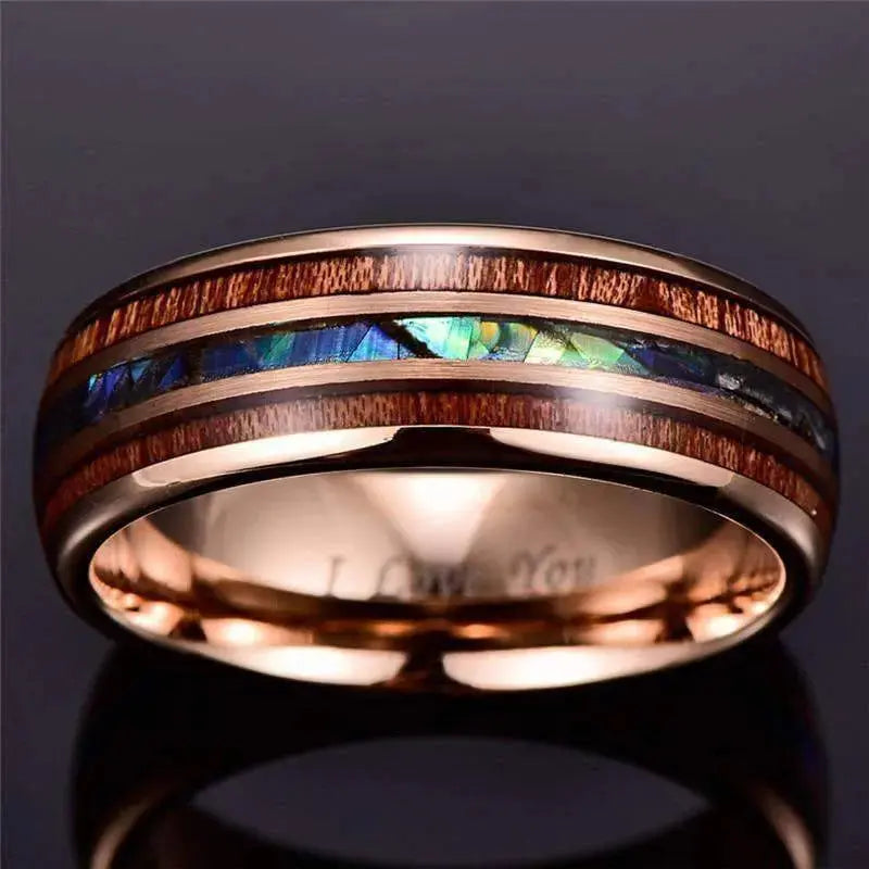 8MM Rosegold Tungsten Wedding Ring with Wood and Abalone Shell Inlay
