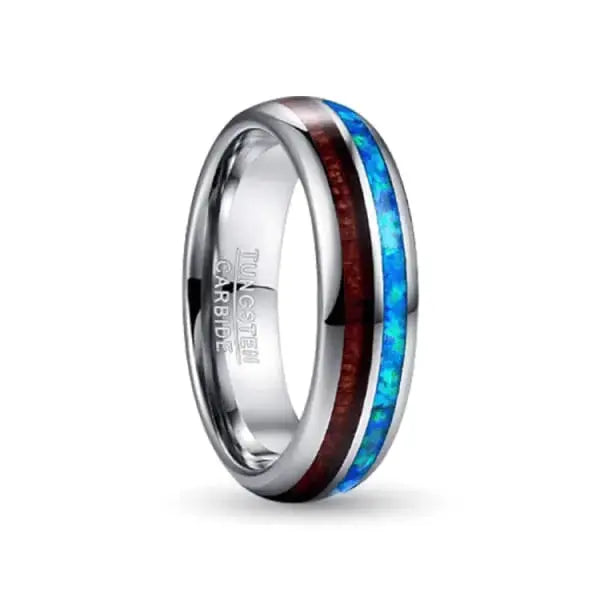 Tungsten carbide ring split with wood and blue