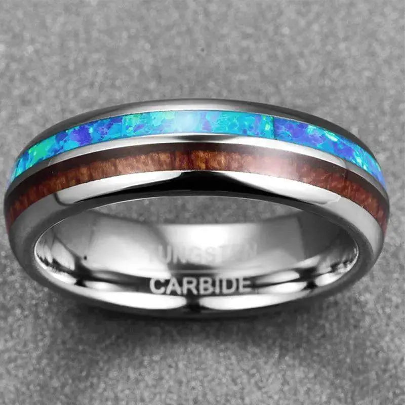 6MM Silver Tungsten Wedding Ring With Wood and Synthetic Opal Inlay