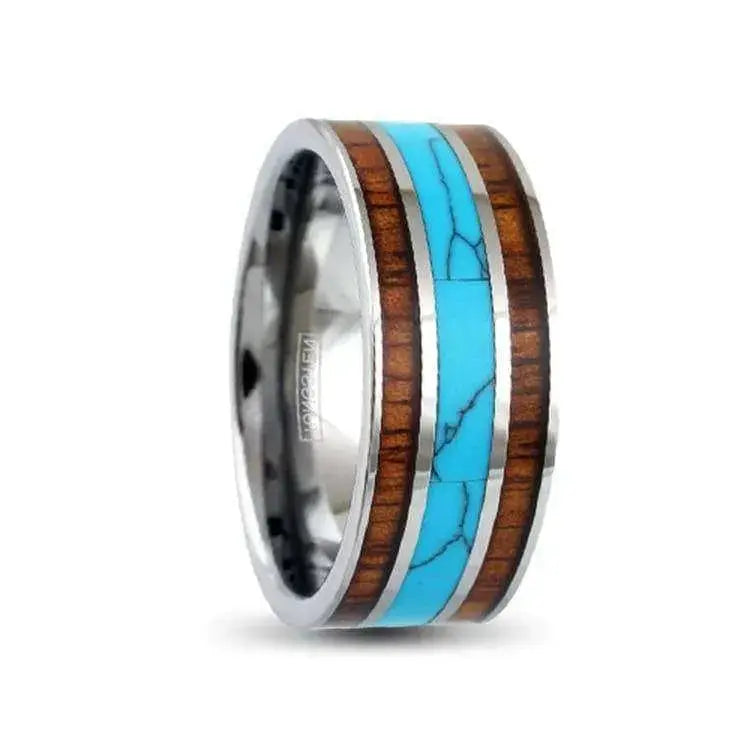 10mm Silver Tungsten Ring, Turquoise, Koa Wood Inlays