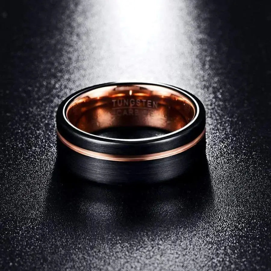 8mm Brushed Black Tungsten Wedding Ring with Rosegold Groove and Inner
