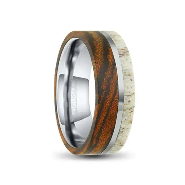 Tungsten Carbide Ring with Deer Antler and Tiger Stripe Bocote Wood Overlay