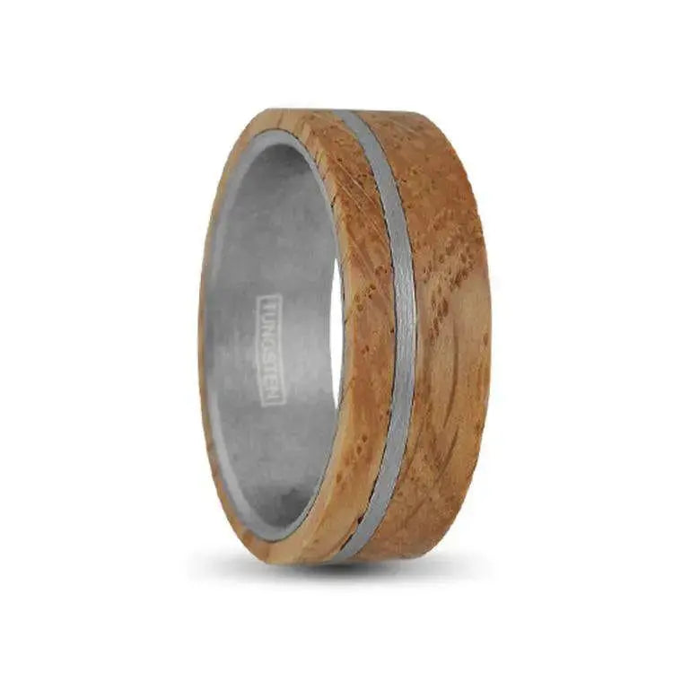 Tungsten Carbide Ring with Whiskey Barrel Oak Wood Overlay