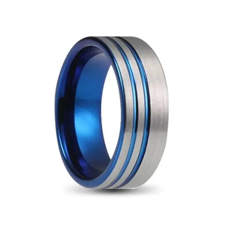 Blue and Silver Tungsten Carbide Ring with Double Groove