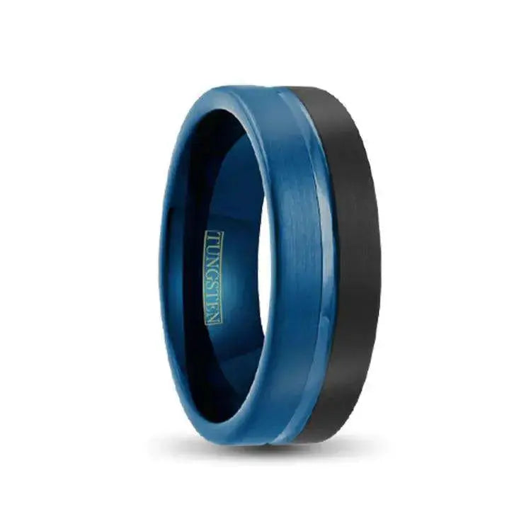 Two-Tone Black and Blue Tungsten Carbide Ring