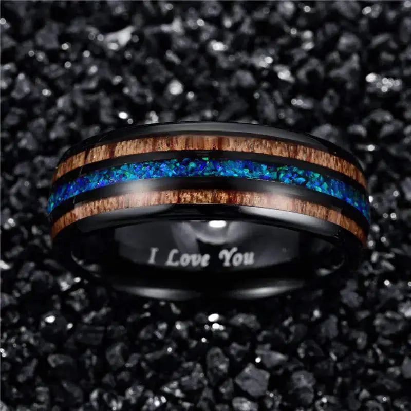 8mm Black Tungsten Wedding Ring with Wood and Blue Fire Opal Inlay