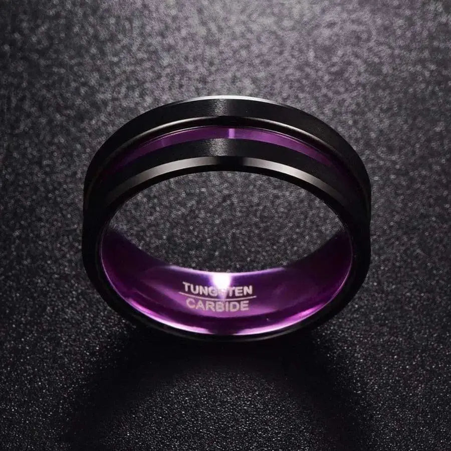 8mm Brushed Black Tungsten Wedding Ring Polished Purple Centre Groove and Inner