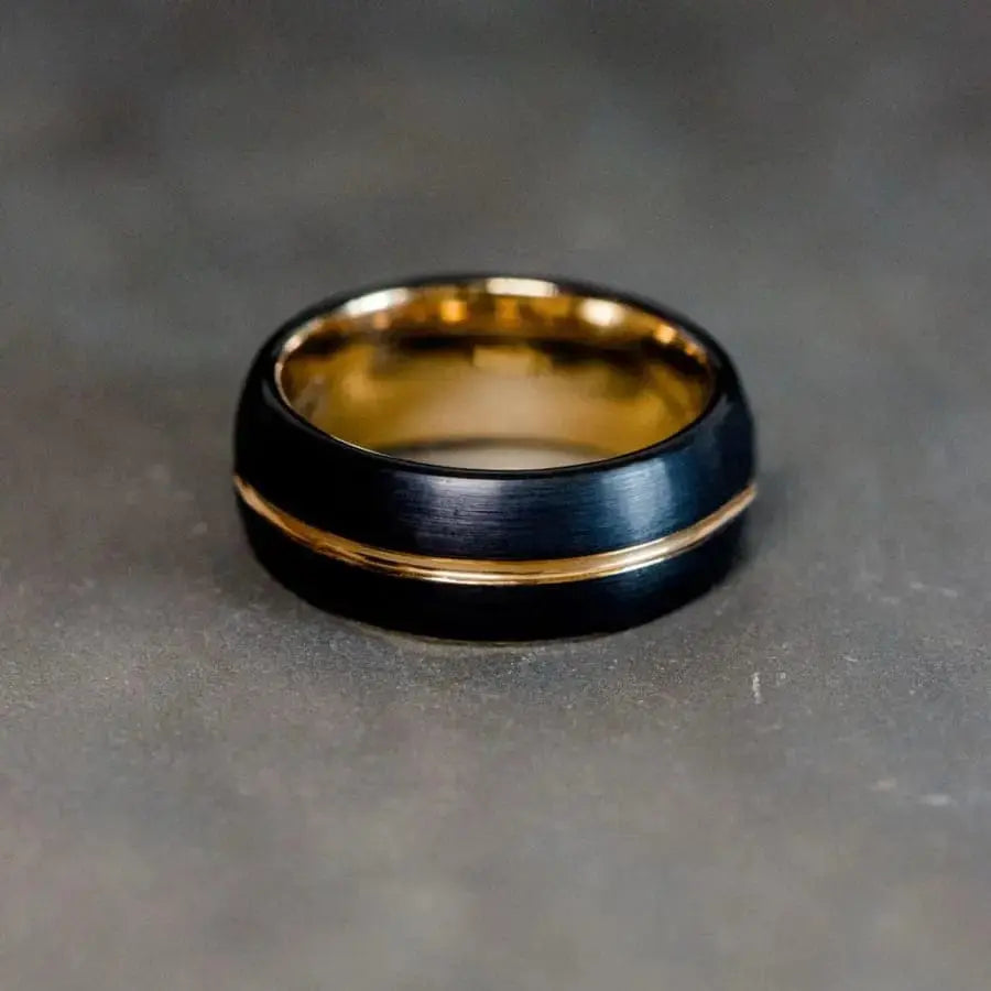 Black Tungsten Carbide Ring with Rose Gold Inner and Inlay
